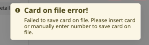 Card on file error message displayed.