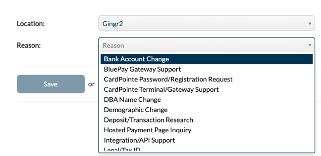 Dropdown menu with various support options.
