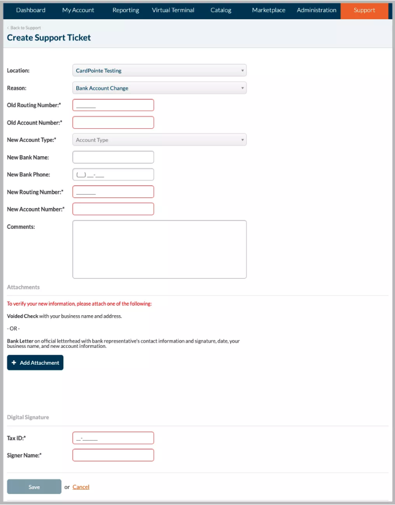 Create Support Ticket form interface