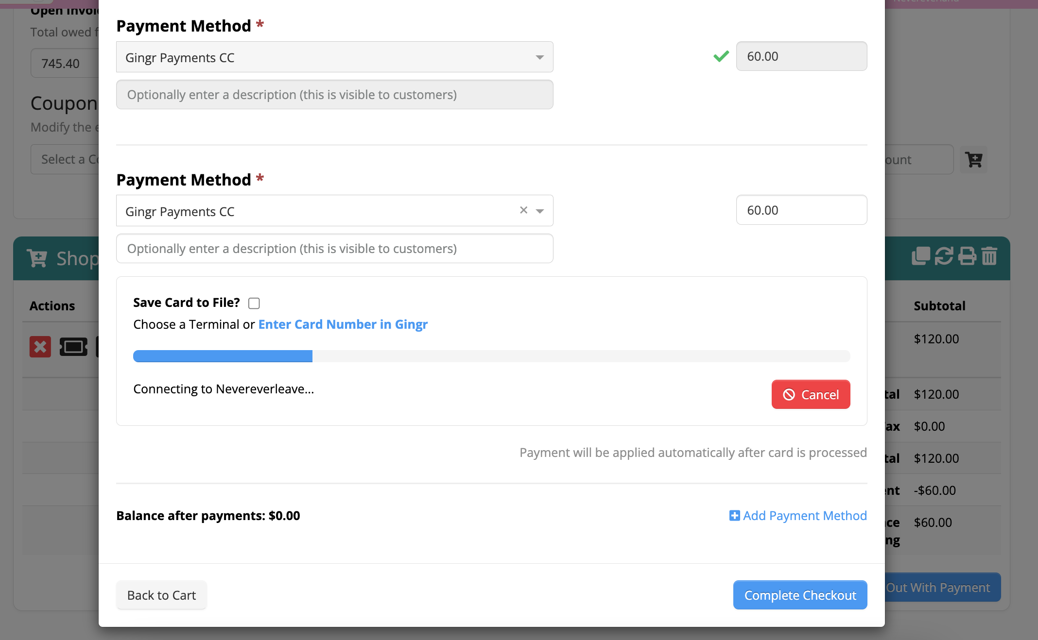 Payment processing screen with options.