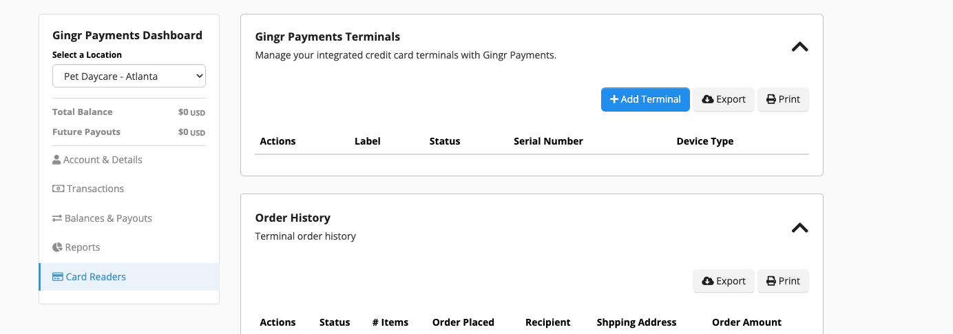 Gingr Payments dashboard interface.
