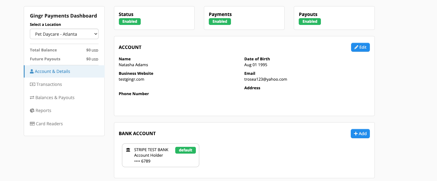 Dashboard showing account and bank details.