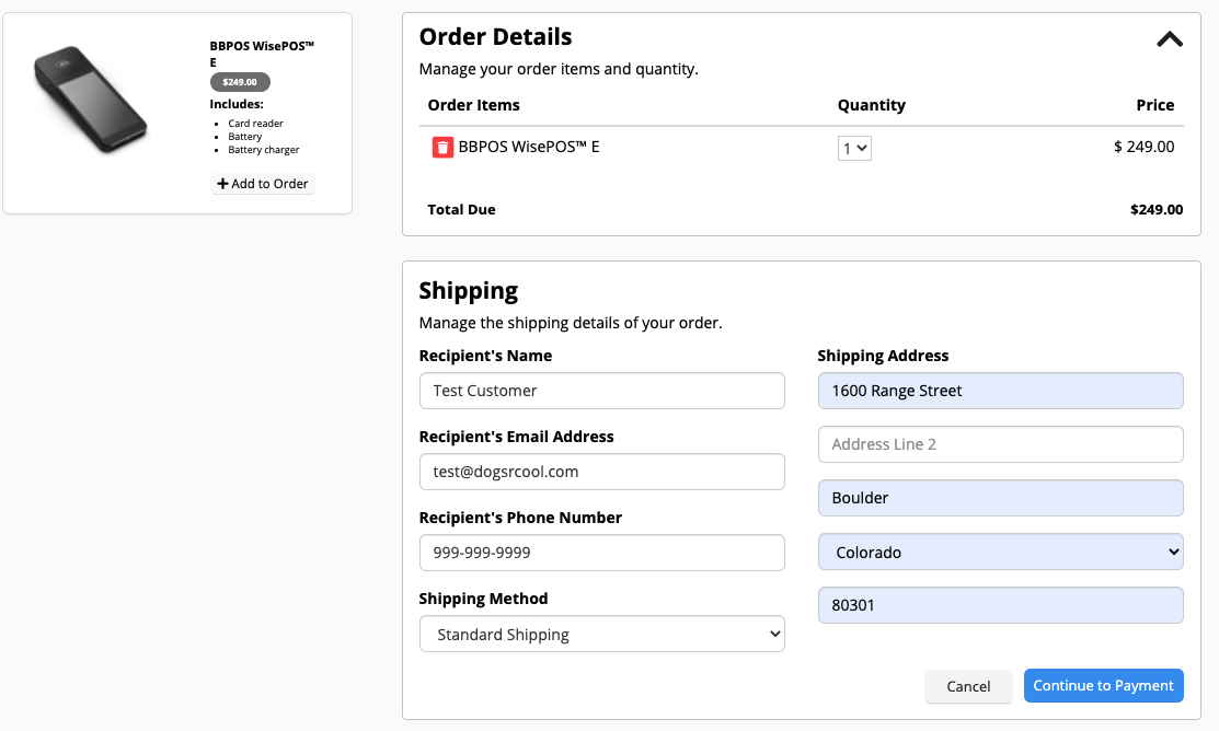 Order and shipping details form