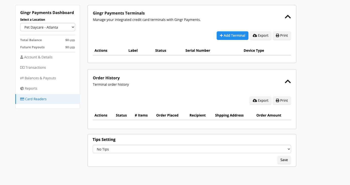 Gingr Payments Dashboard interface