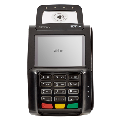 Card payment terminal with keypad and screen.