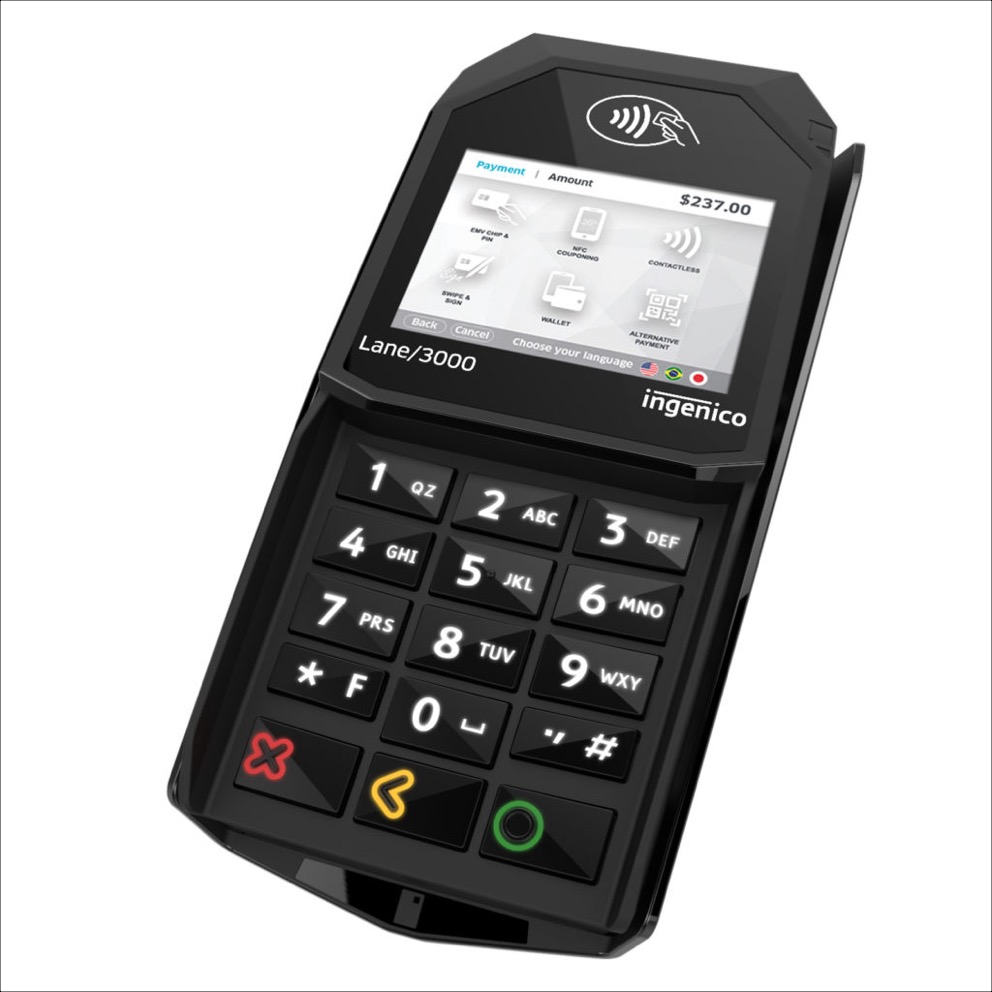 Payment terminal with keypad and screen.