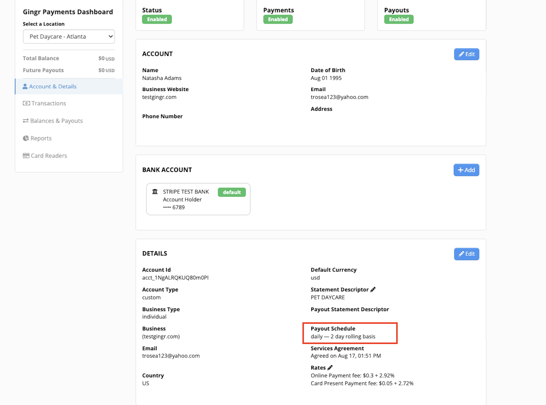 Dashboard with account and bank details