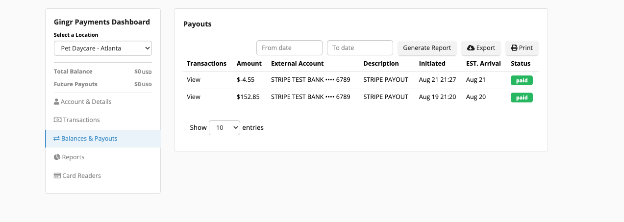 Payment dashboard with payout details.