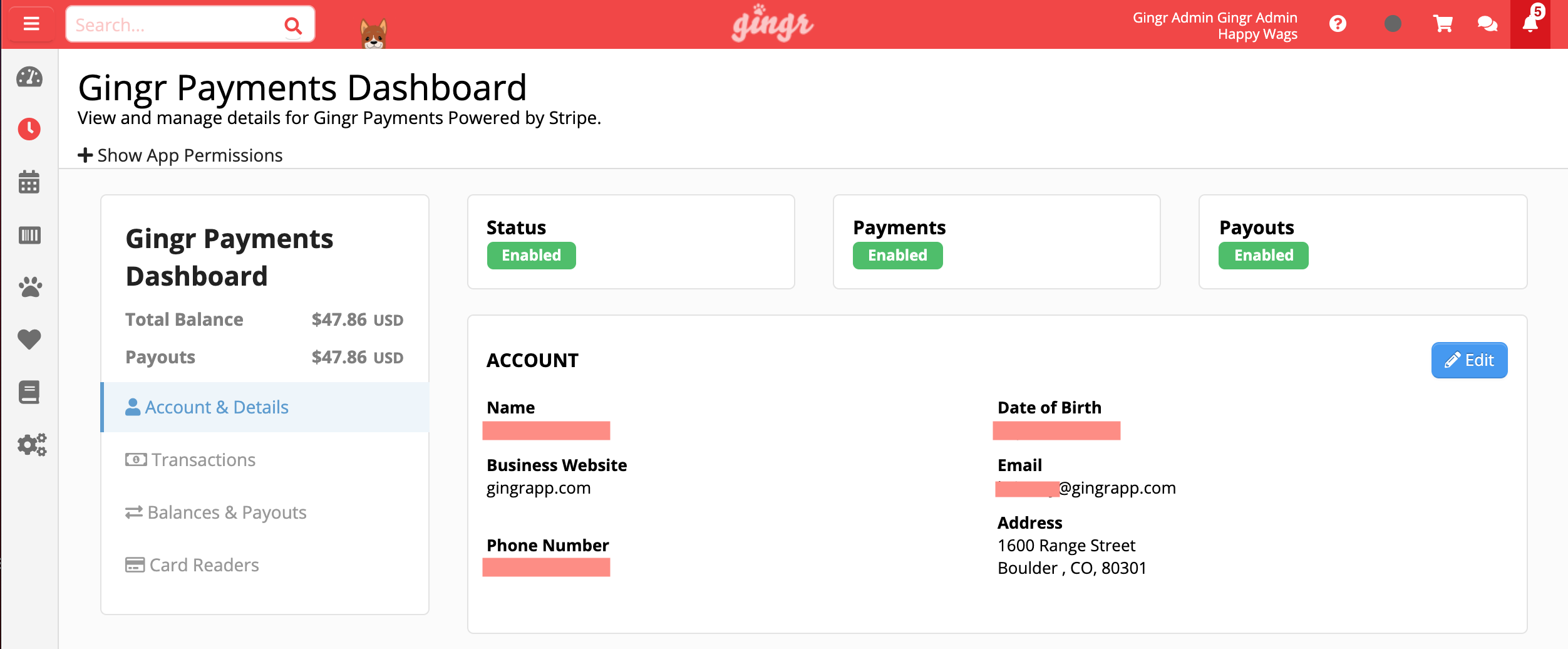 Gingr Payments Dashboard interface