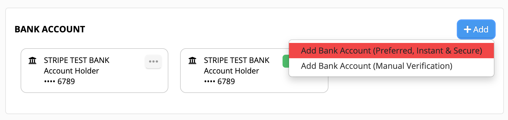 Bank account options with add button.