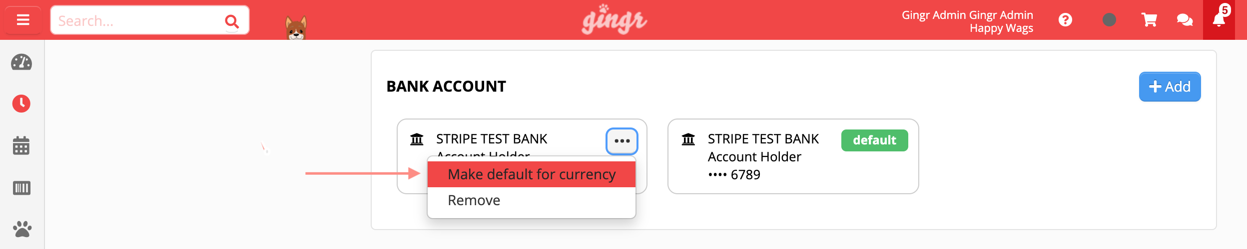 Bank account settings interface.
