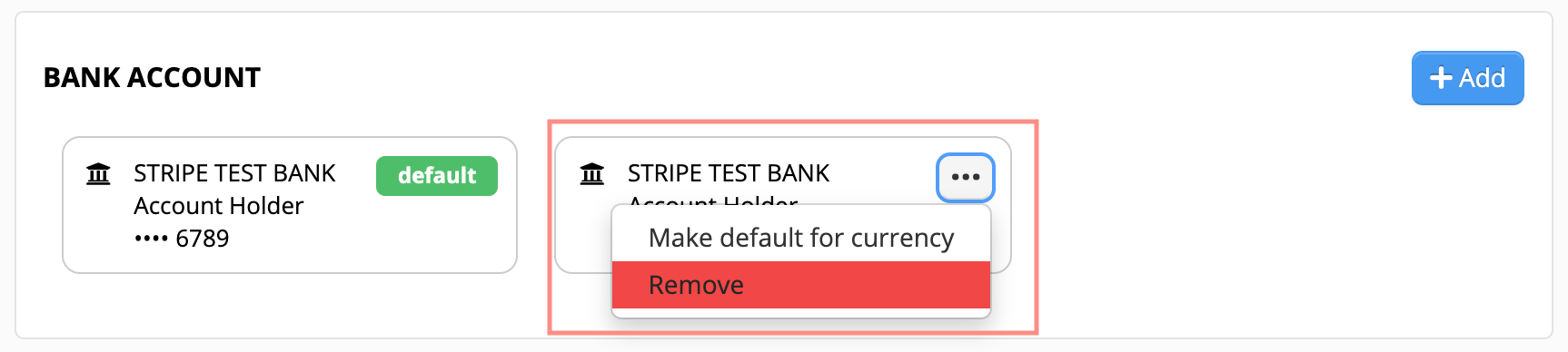Bank account options with remove button.