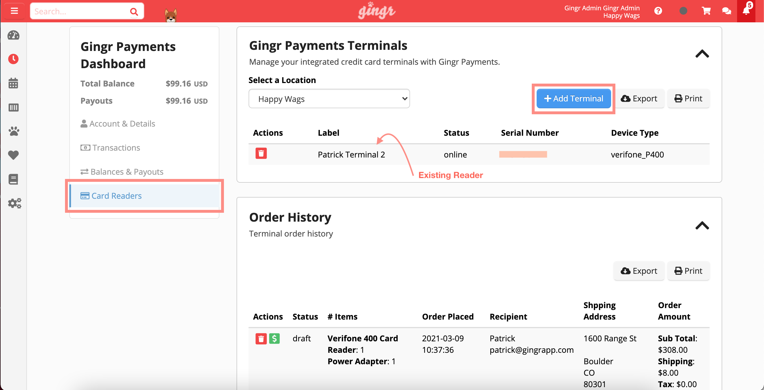 Dashboard with card reader management options.