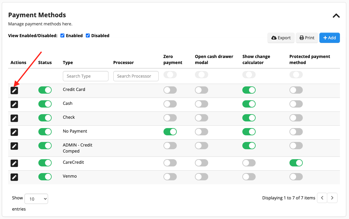 Payment methods management interface