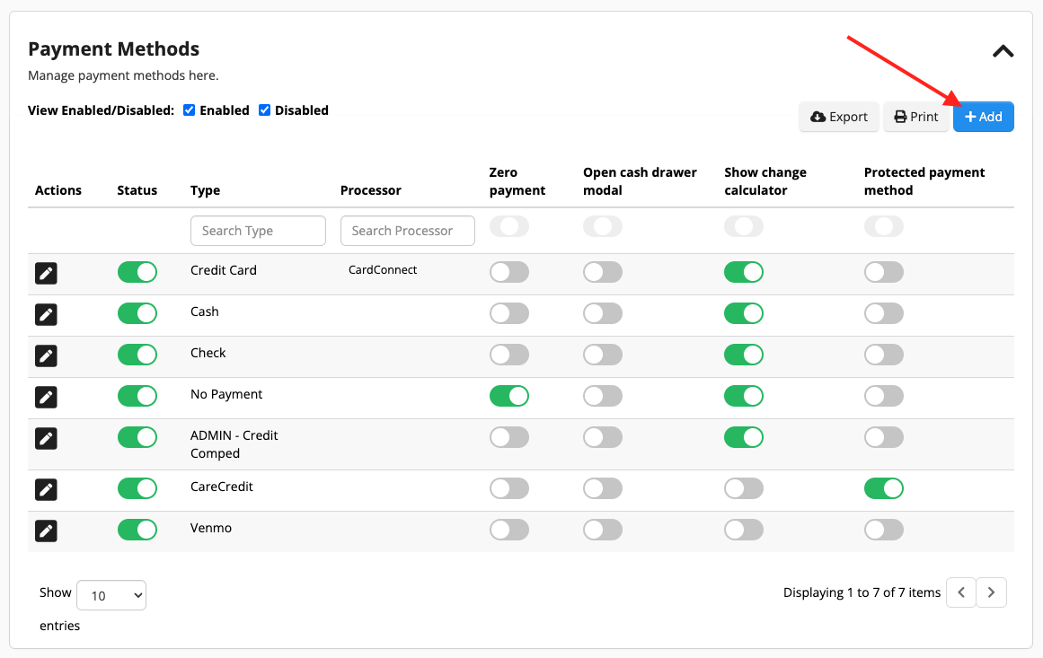 Payment methods management interface