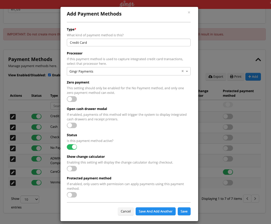 Add Payment Methods" settings window.
