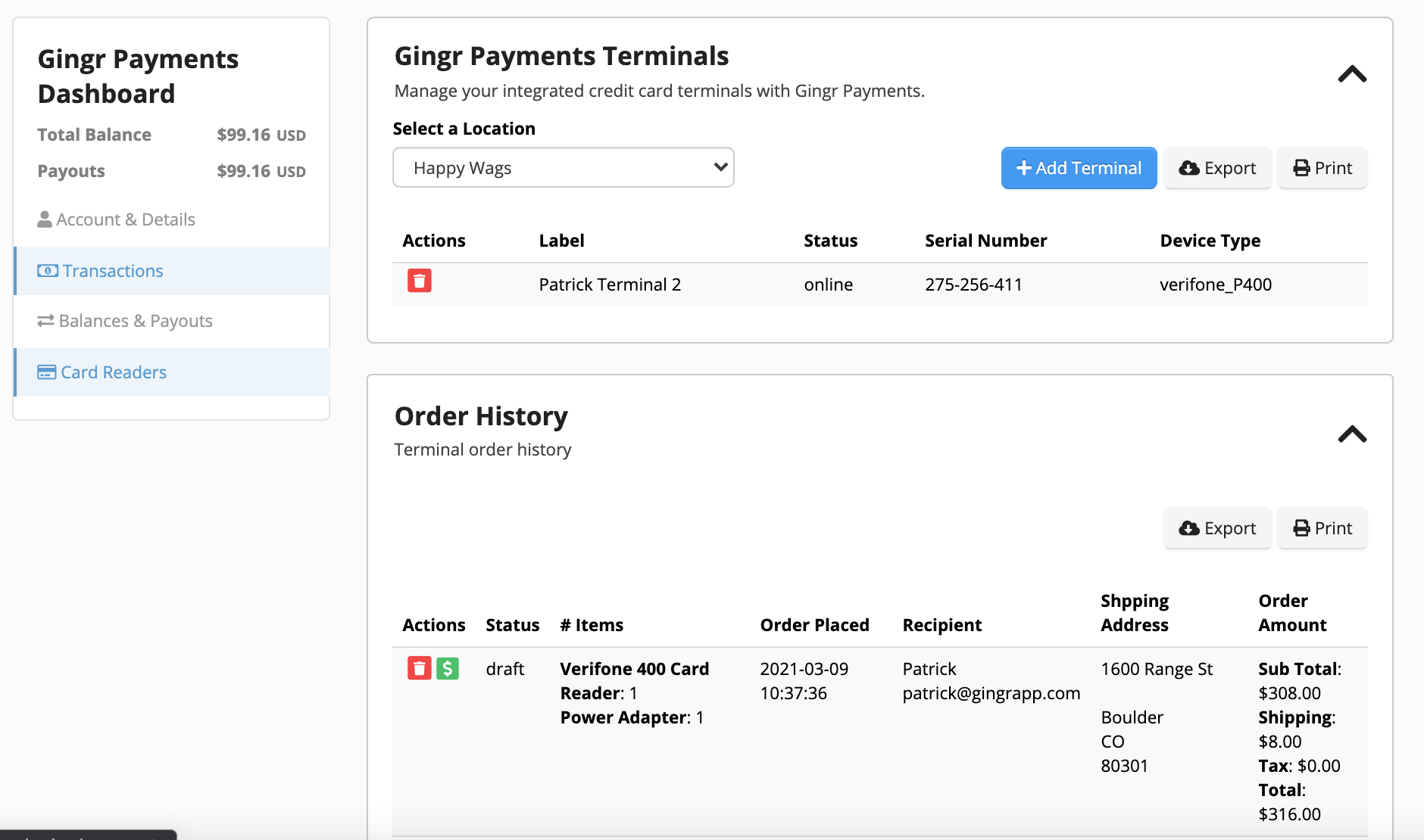 Payment dashboard with terminal and order history.