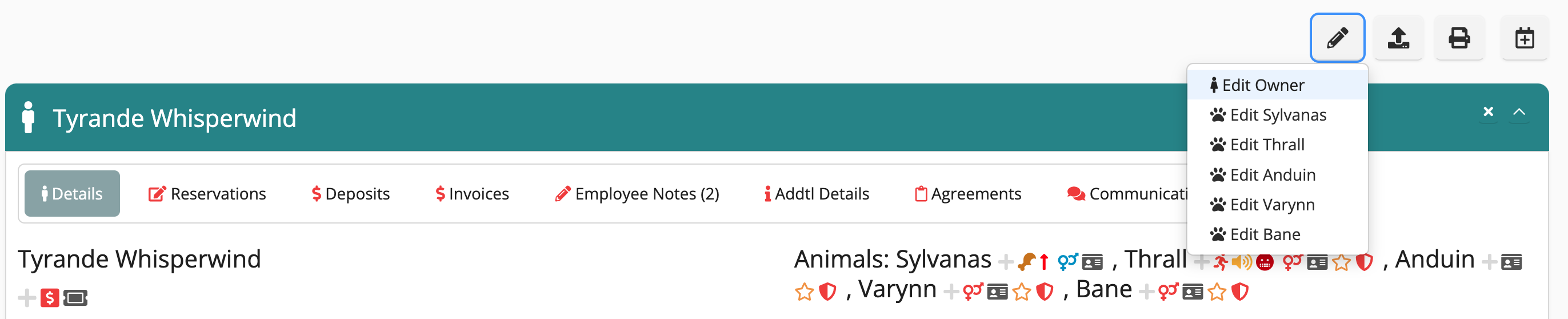 Profile management interface with dropdown menu.