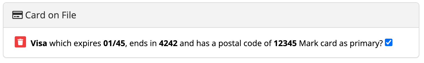 Visa card details with expiration and postal code.