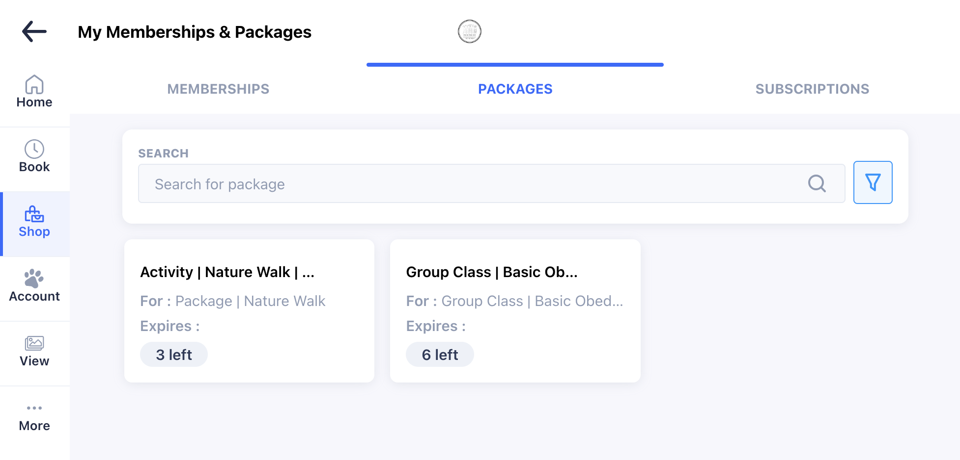 Membership packages interface with search bar.