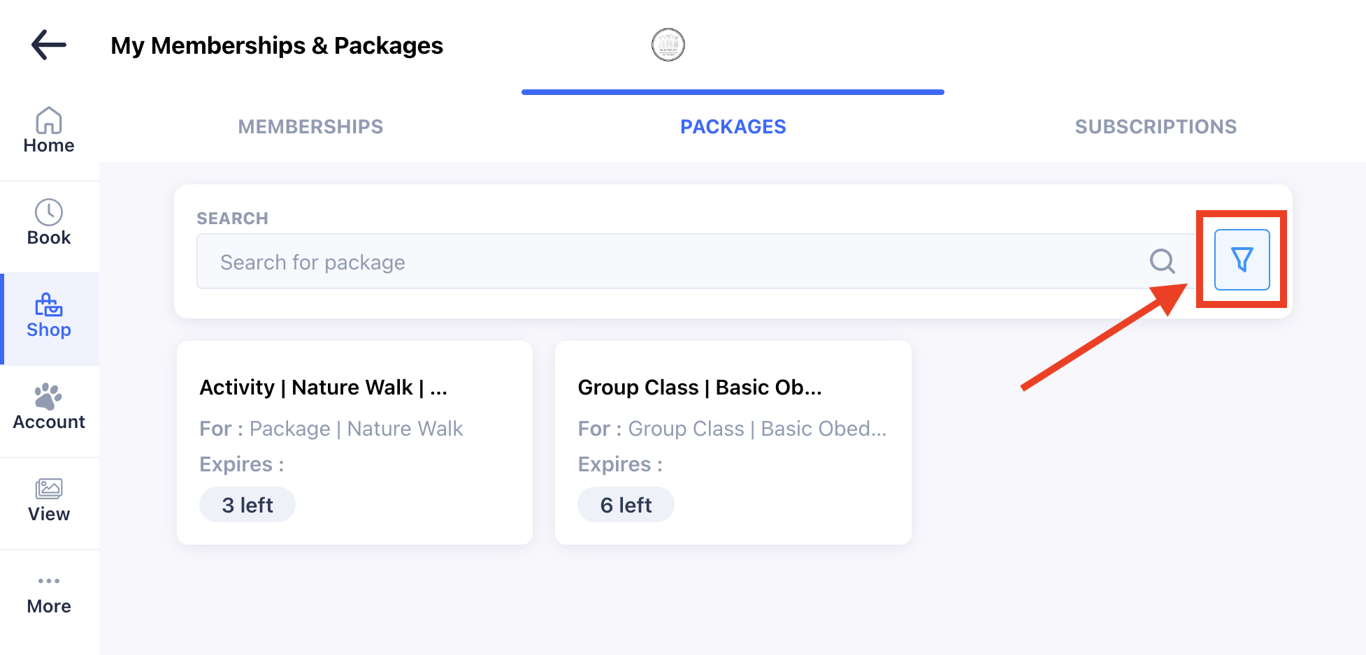 Memberships and packages filter icon