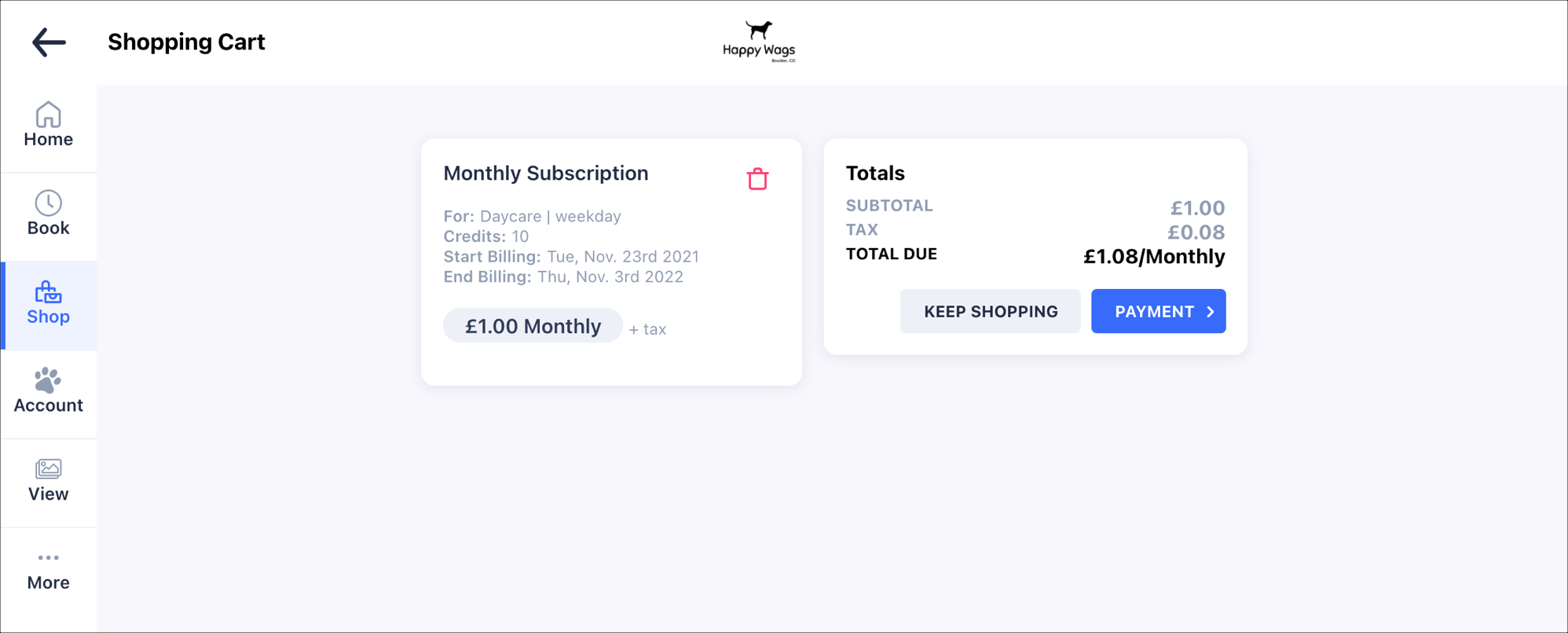 Shopping cart with monthly subscription details.