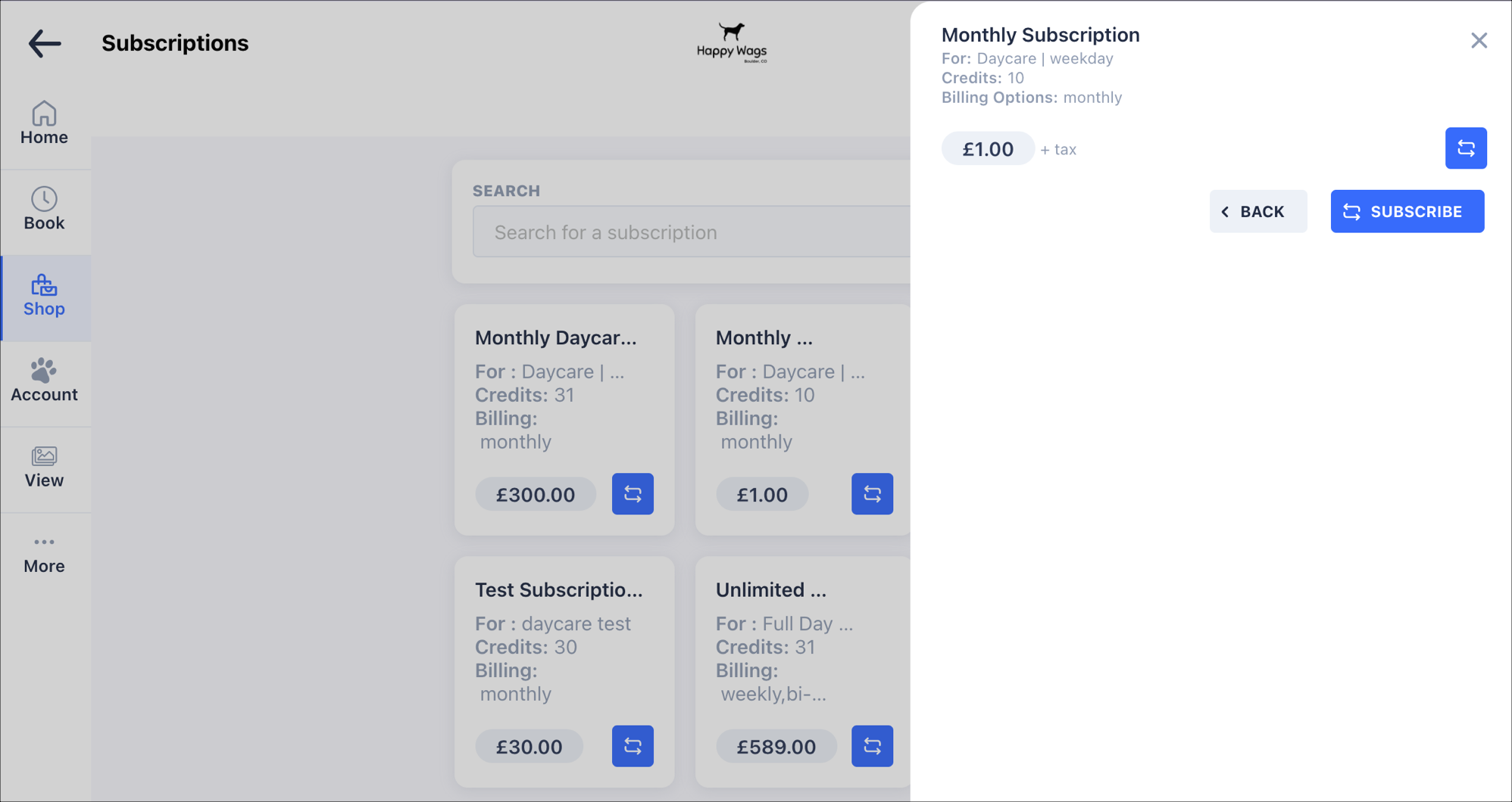 Subscription options with prices and details.