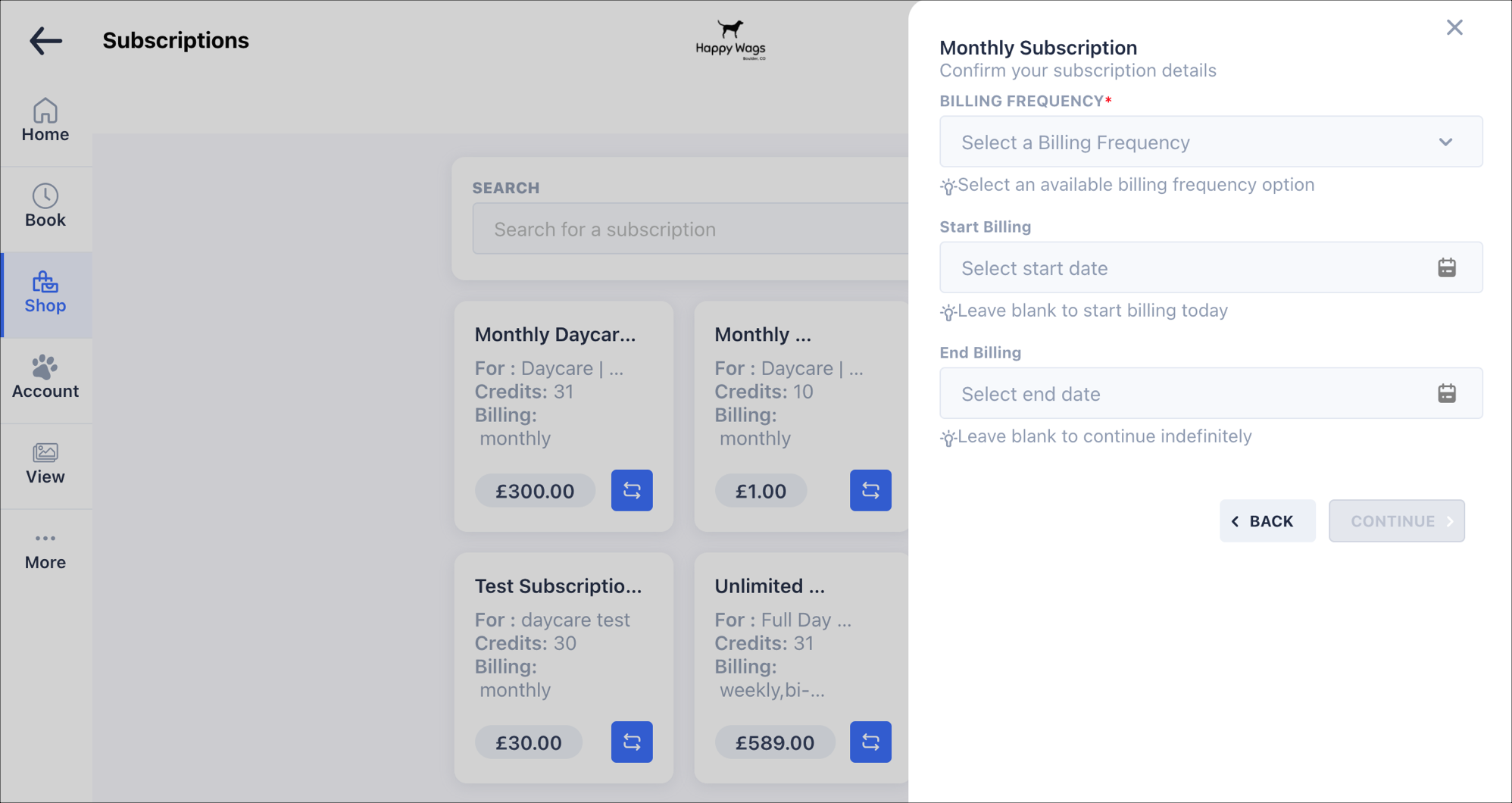 Subscription options and billing details form.