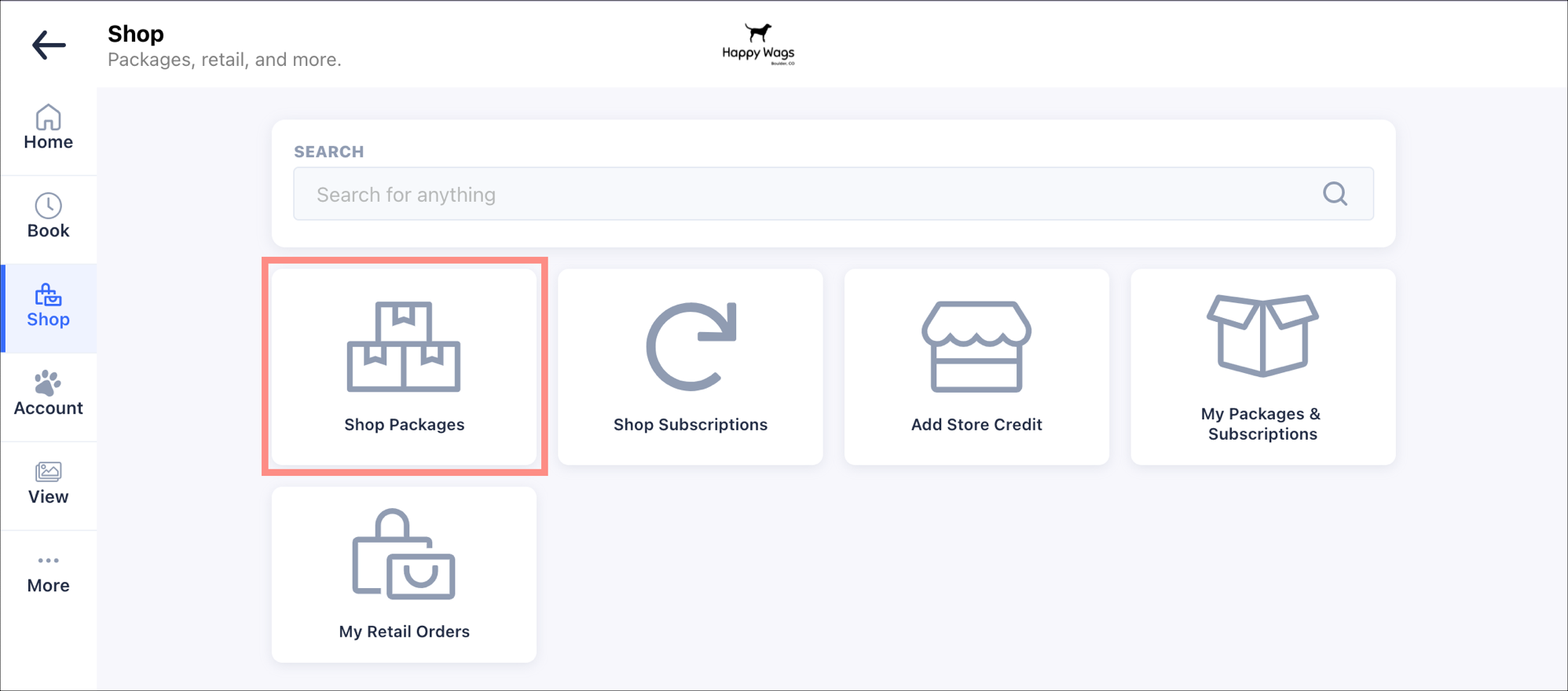 Shop Packages" button highlighted.
