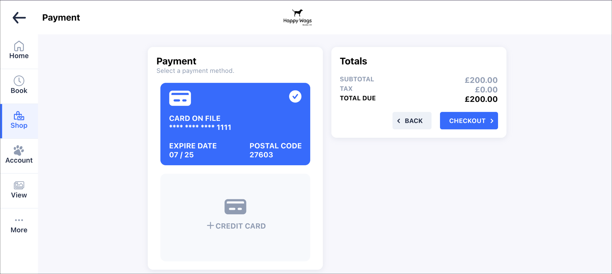Payment screen with card details and checkout.