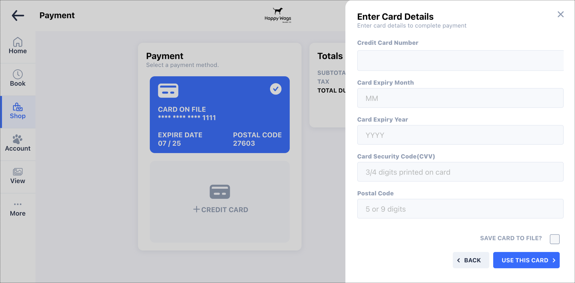 Payment screen with card details form.