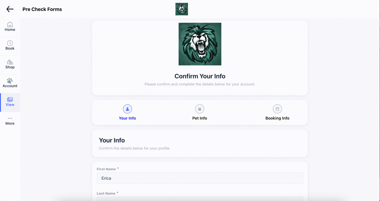 Form with lion logo and user info fields.