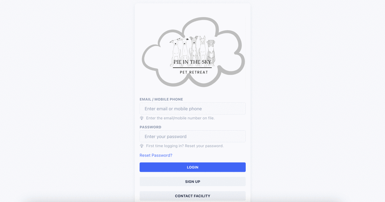 Pet retreat login page with cloud logo.