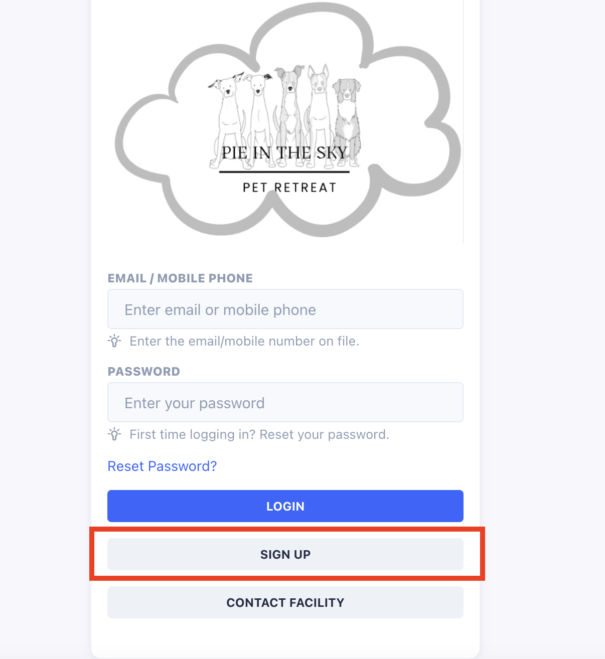 Pet retreat login and sign-up form