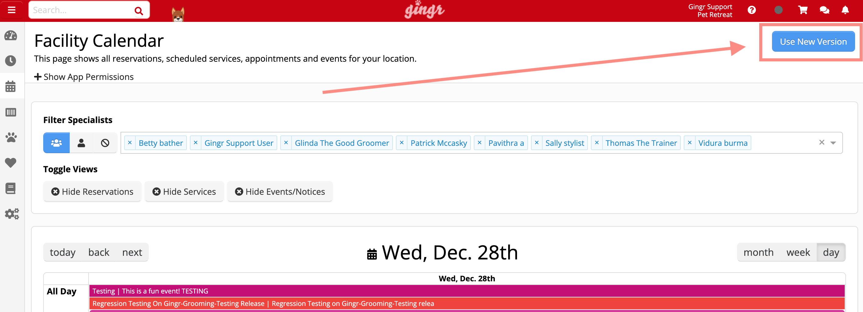 Facility calendar interface screenshot.