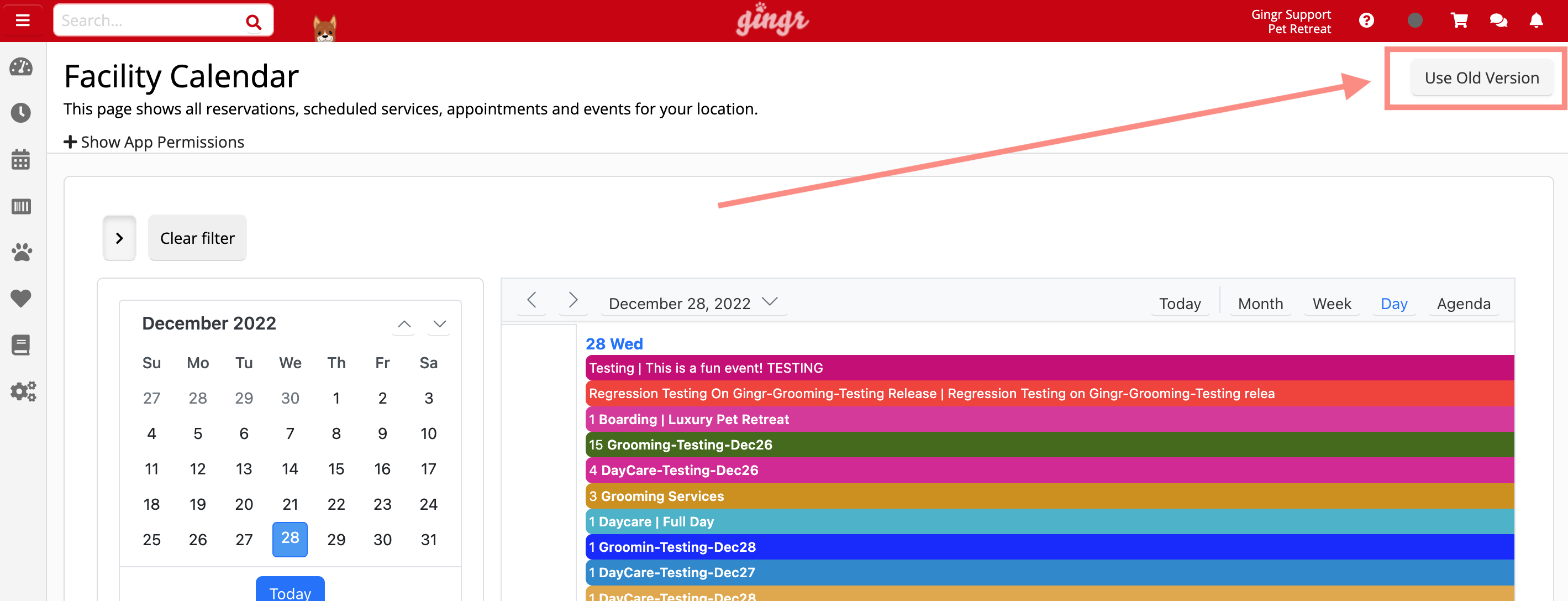 Facility calendar with events listed.