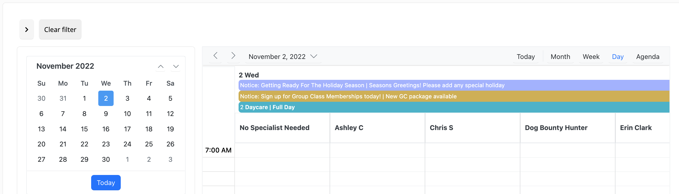Calendar and schedule for November 2, 2022