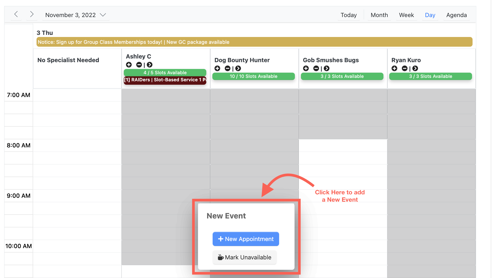 Calendar with new event button highlighted.