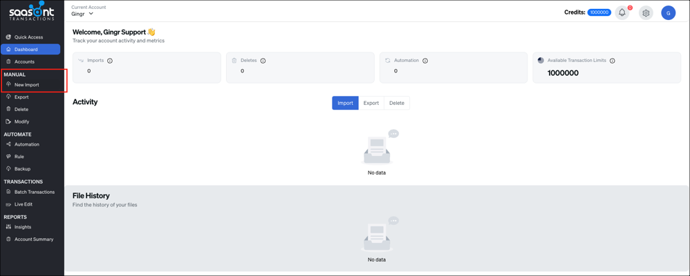 Dashboard interface with no data displayed.