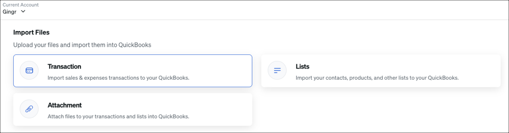 QuickBooks file import options screen.