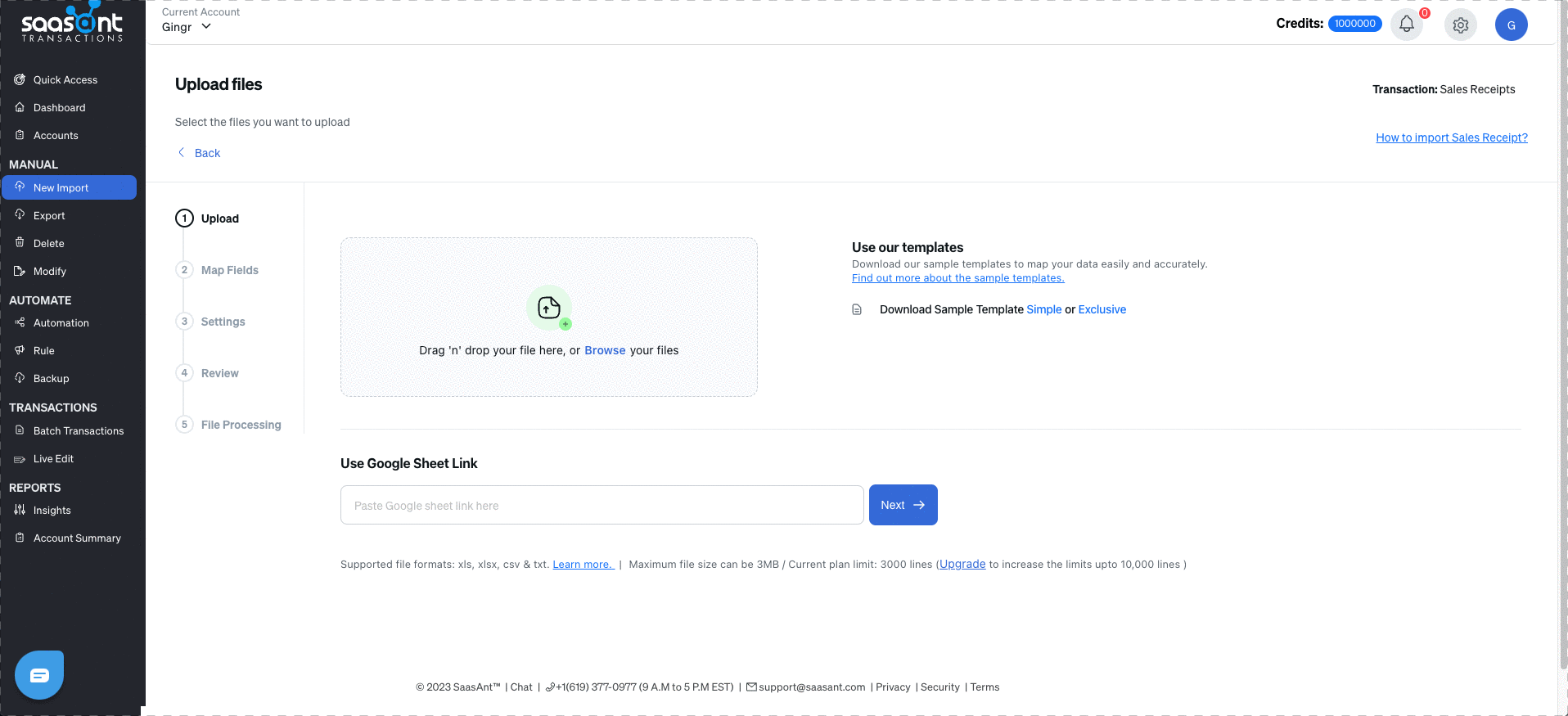 File upload interface with sidebar menu.