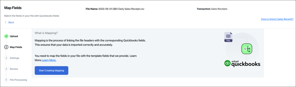 QuickBooks file mapping interface screenshot