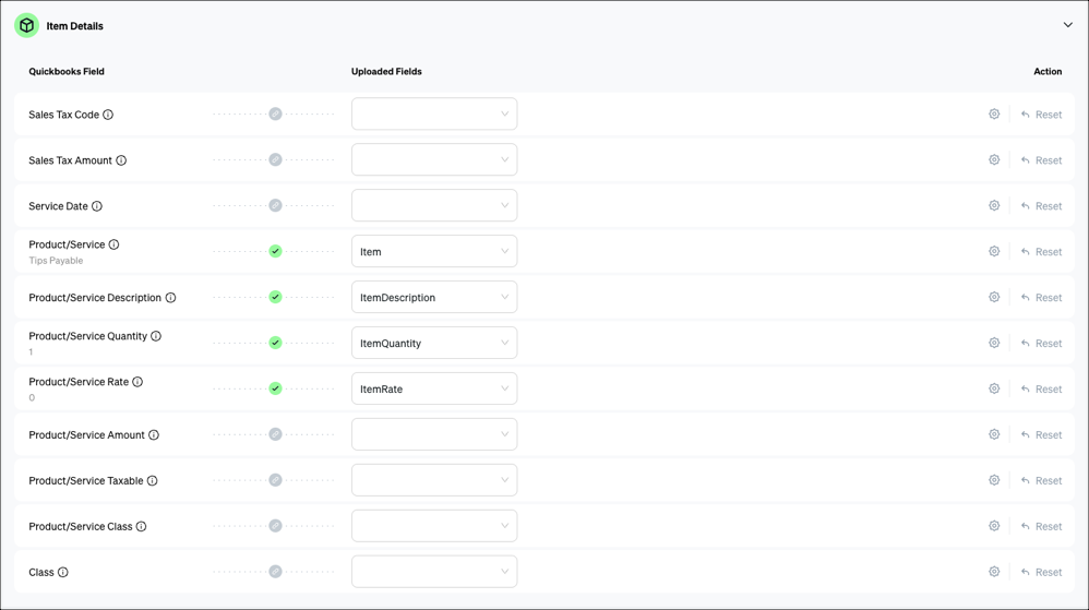 Quickbooks item details mapping table.