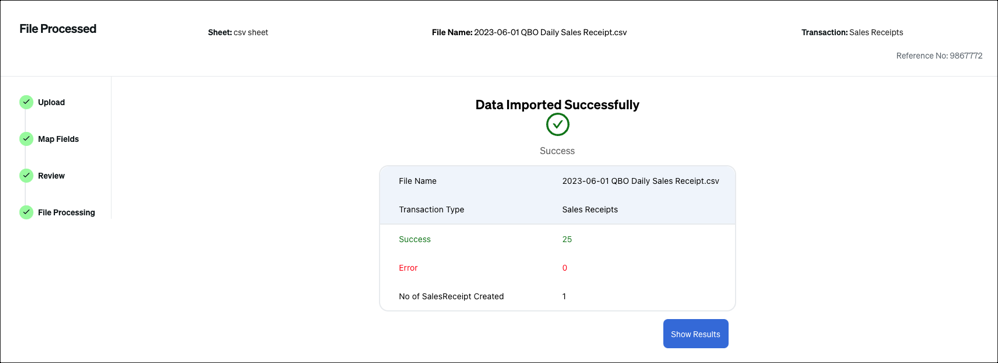 Data import success confirmation screen