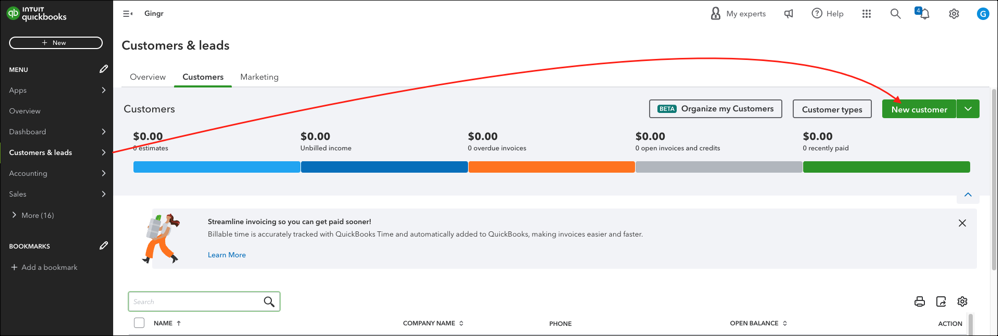 QuickBooks customer dashboard interface.