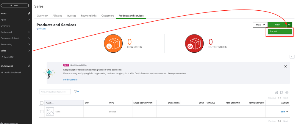 QuickBooks product inventory screen.