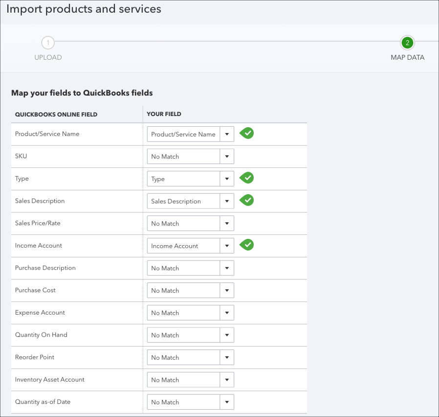 QuickBooks field mapping interface