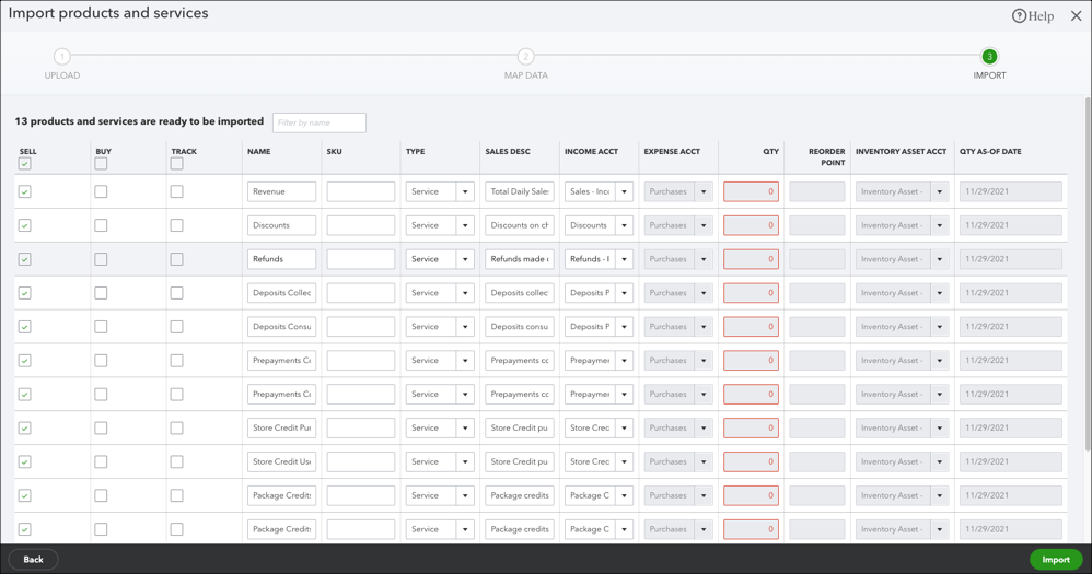 Import products and services table interface.