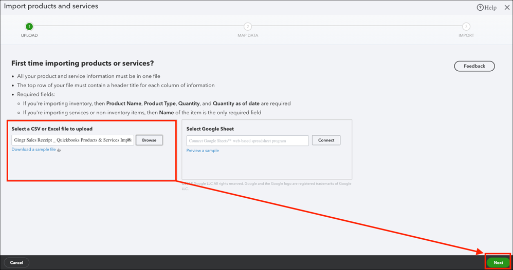 Import products and services screen.