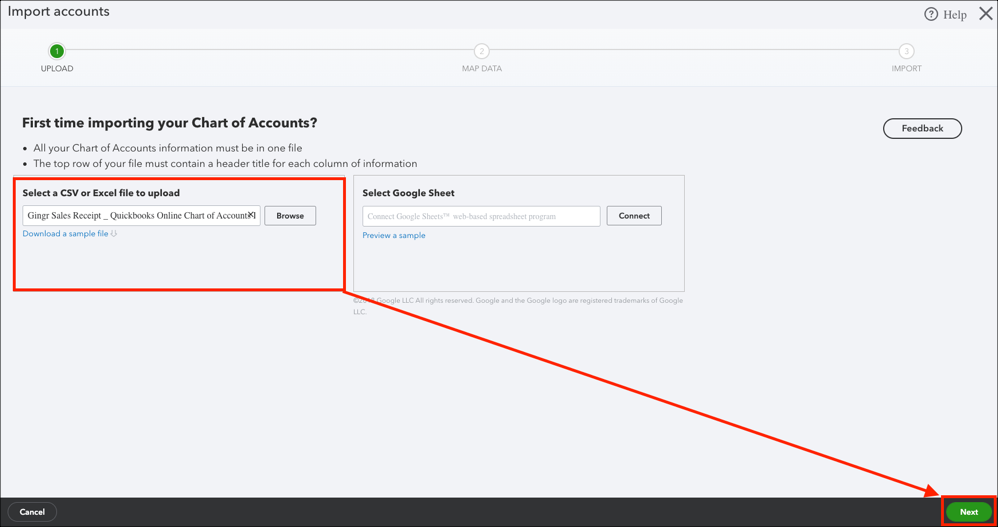Import accounts screen with file upload options.